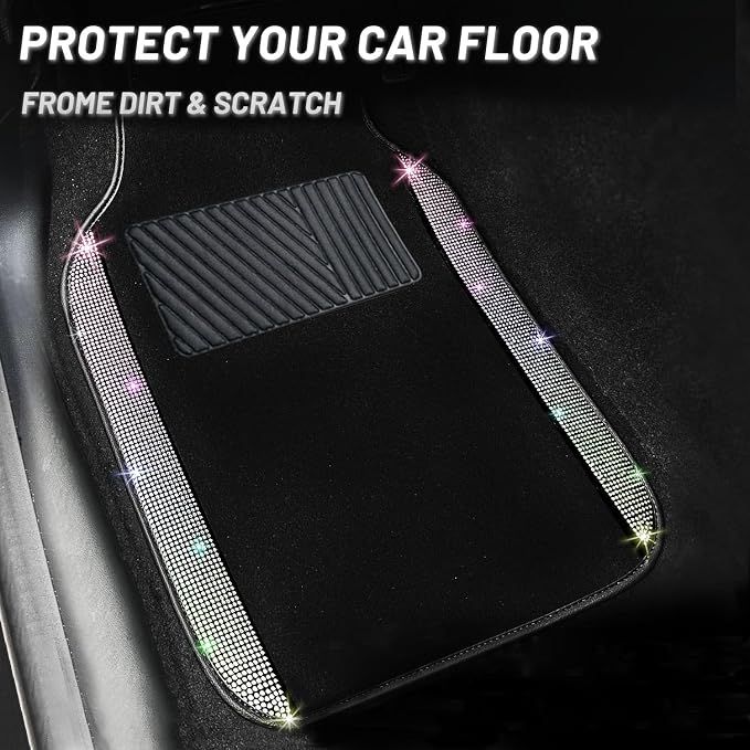 NBTEPEM Multicolor Bling Car Floor Mats Full Set, Universal Fit Most Cars,SUV, Trucks, 4 pcs Sparkle Glitter Diamond Carpet for Women Girls with Anti-Slip Pad (Colorful Diamond)