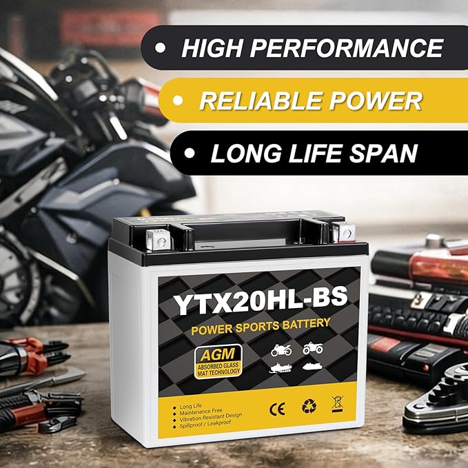 YTX20HL-BS Motorcycle Battery 12V 18Ah 310CCA, Maintenance Free Sealed AGM Powersport Battery, Replacement for ATV UTV Scooter, YTX20HL BS / ETX20L / GTX20HL-BS