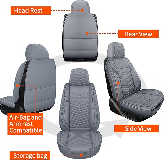 HChengkikz Nappa Leather Car Seat Covers Full Set, Gray Car seat Protector 5 Seats, Waterproof Car Seat Cushion, Universal Automotive Seat Covers Fit for SUV Truck Pick-up Sedan, Front and Rear