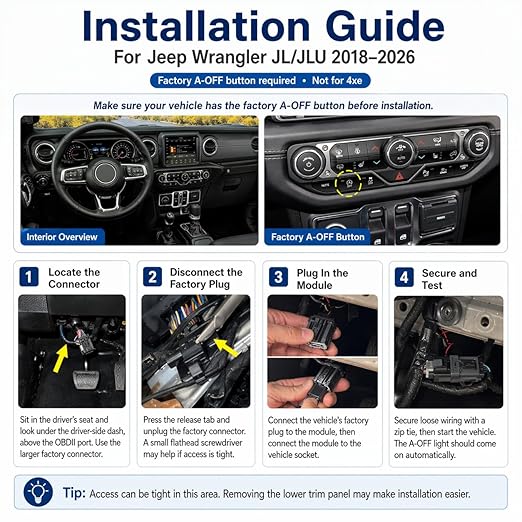Auto Start Stop Eliminator for Jeep Wrangler JL JLU 2018-2026, Plug & Play Inline Harness, Auto Start/Stop Off by Default, No Programming, Not for 4xe
