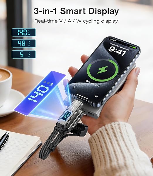 XKCZ Keychain USB C Cable with V/A/W Display, 4 in 1 Charging Cable Combo Type C/USB A/L Port, 140W Fast Charging Short Cable, USB C Keychain Portable Cord for iPhone/iPad/Samsung/Laptop, 8 inches