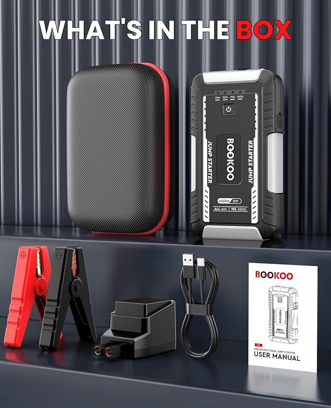 BOOKOO H8 Jump Starter 4500A Car Jumper Battery Pack for All Gas and 10L Diesel Engines,12V Car Battery Charger with Jumper Cables,USB QC3.0,LED Light