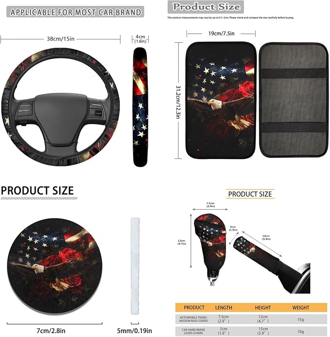 Lotusorchid Eagle Rose Print Car Accessories Full Set American Flag Print Car Front Back Seat Covers Safety Belt Pads Headrest Cover Armrest Pad Gear Shift Knob Protector Cup Holder Coaster