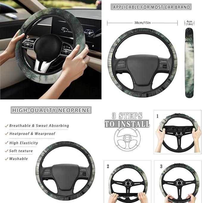 Misty Mountain 15 PCS Car Seat Cover Set with Auto Steering Wheel Cover Seat Belt Strap Protector Cup Holder Trash Bag Rear View Mirror Protector Keychain
