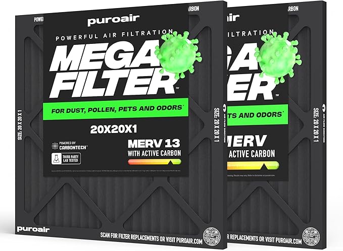 PuroAir MegaFilter - 20x20x1 Air Filter MERV 13 Activated CarbonTech Defense - Heavy Duty 3 Layer Furnace Filters Allergens, Pollen, Dust, Pet Dander, Smoke, Odors - HVAC Air Filter 20x20x1 (2-Pack)