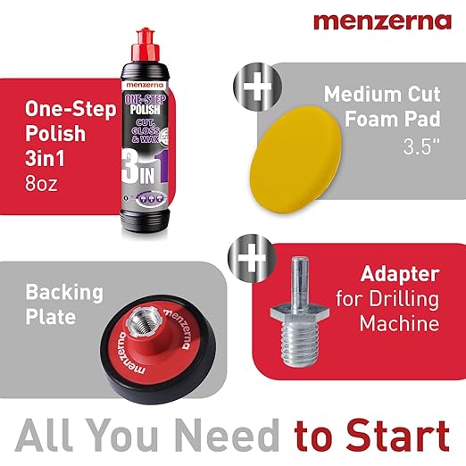 menzerna 3in1 Polishing Set – One-Step Polish (8oz) + Drill Machine Adapter + Medium Cut Pad | Polish Your Car with a Cordless Drill