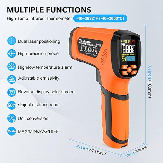 Infrared Thermometer Temperature Gun, -40℉-3632℉, High Temp Thermometer with Thermocouple Probe, Non-Contact 50:1 Pyrometer Dual Laser Thermometer Gun for Engine, Kiln, Forging, Industrial