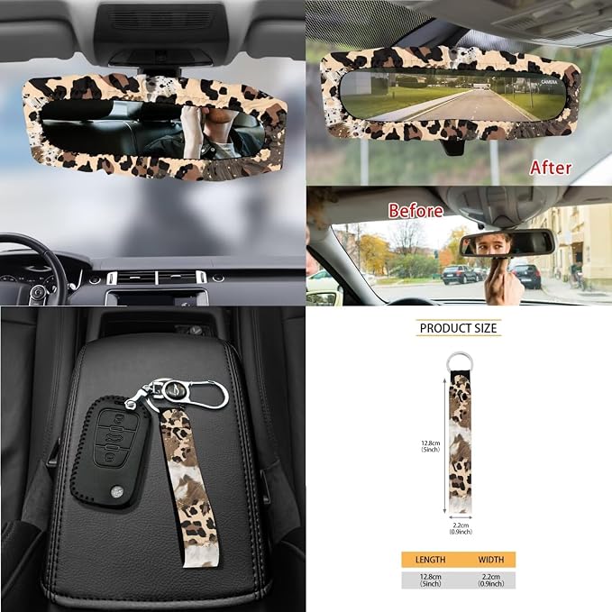 Brown Cow Leopard Pattern Car Seat Covers Full Set Steering Wheel Cover Trash Can Air Vent Storage Bag Seatbelt Covers Rearview Mirror Cover Cup Coasters 15pcs Car Interior