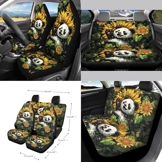 Panda Sunflower Print Car Accessories Set Car Seat Covers Seat Belt Strap Pad Steering Wheel Cover Air Vent Storage Bag Rear View Mirror Cover Trash Cans Coasters Keychain, 15 PCS