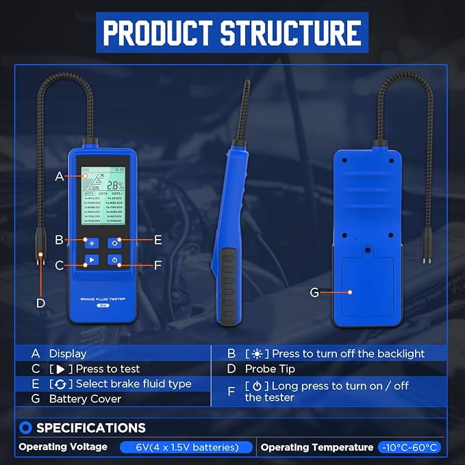 Brake Fluid Tester Automotive Digital Brake Fluid Detector Moisture Detector for DOT3 DOT4 DOT5.1, Car Brake Fluid Boiling Point Meter with 2.8" Display Audible Alarm High Precision Probe (T10)