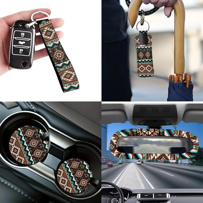 Aztec Car Accessories Set 12 Pcs Steering Wheel Cover Car Seat Belt Cover Car Trash Can Car Rear View Mirror Cover Car Cup Coasters Keychain Holder Keychains Car Interior Automotive