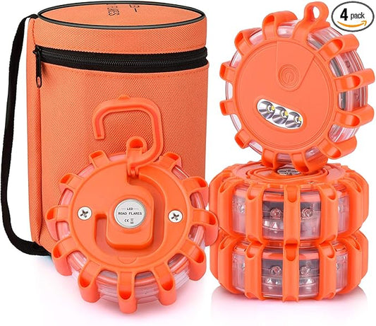 AK [4 Pack LED Road Flares Safety Flashing Warning Light Roadside Emergency Disc Beacon Kit for Vehicles Boats with Magnetic Base & Hook, Premium Storage Bag (Batteries Not Included) (4)