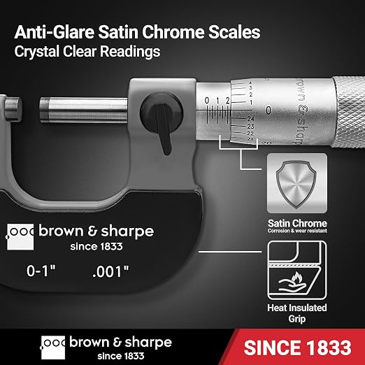 Brown & Sharpe Outside Micrometer 0–1", Precision Micrometer Machinist Tools, 0.001" Graduation, Carbide Measuring Faces, Ratchet Stop, Satin Chrome Sleeve for Reliable Measurement & Clear Reading