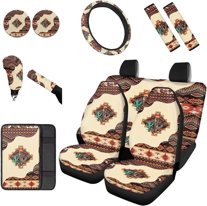 Dreaweet Aztec Car Seat Covers Full Set Southwestern Native American Steering Wheel Cover Armrest Pad Covers Seat Belt Pads Cup Holders Handbrake Cover,Universal Fit for Most Cars SUV Trucks Sedan