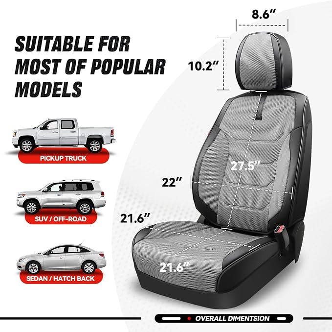 Auto Dynasty Car Seat Covers Front Set, Anti-Slip Automotive Interior Covers with Storage Pocket, Breathable Car Seat Protectors, Airbag Compatible, Universal Fit Most Vehicles, Gray (Sport Series)