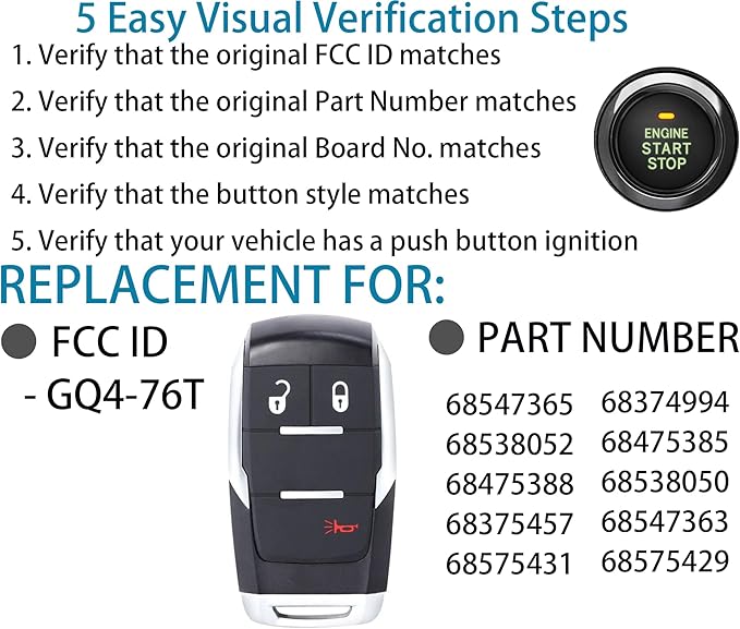 Smart Key for Dodge RAM 2019-2024, Alliskeys Vehicle Proximity Remote Control Key Fob Replacement for RAM 2500 3500 4500 5500 GQ4-76T 68547365