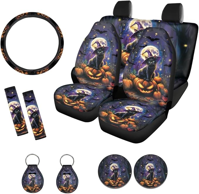 Suobstales Cat Pumpkin Moon Bat Print Car Seat Cover Full Set Car Interior Accessories Halloween Decor Front/Back Bench Bucket Seat Cover, Steering Wheel Cover, Seat Belt Cover, Coasters, Keychain