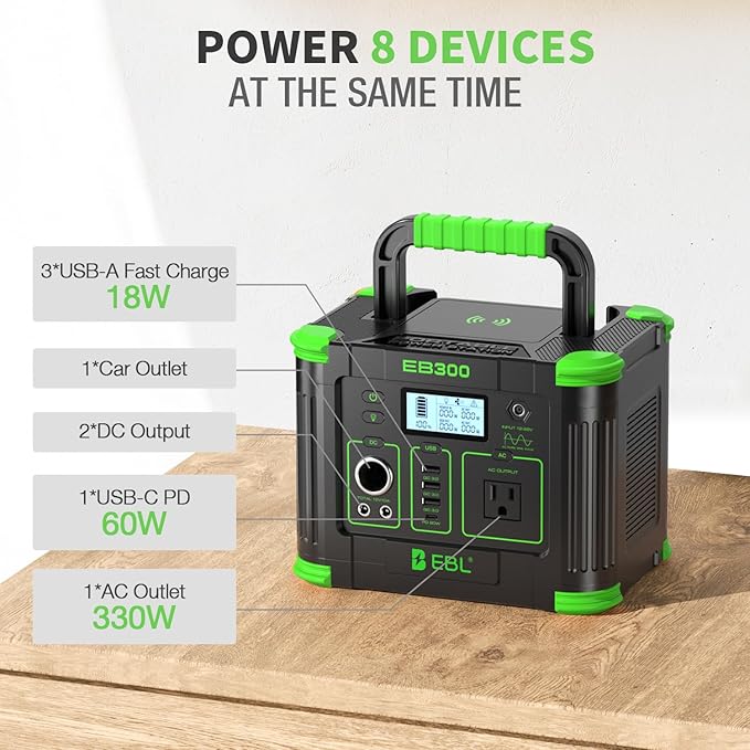 EBL Portable Power Station, 330W 288.6Wh Solar Generator 60W USB-C PD, 5W Wireless Charger, SOS Emergency Light, Multi-Port Power Supply for Outdoor Camping, Home Blackout, RV Travel