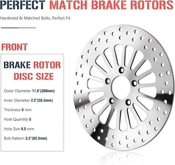 11.8" Front and Rear Brake Rotor with Bolts Set for Harley Davidson Touring Models, for Road King/Street Glide/Road Glide/Electra Glide 2008-2022, Mirror-Polished Stainless Steel Rotors, 2PCS