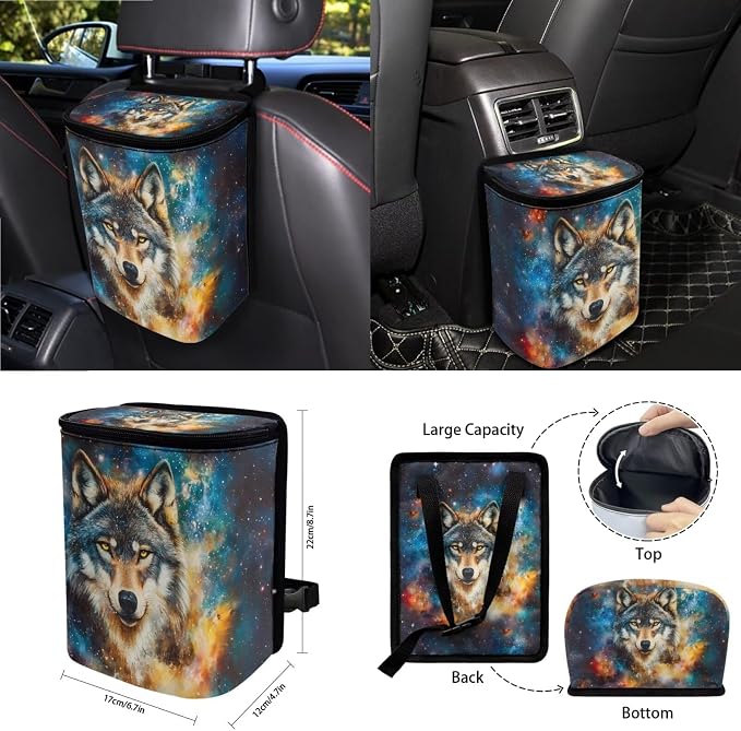 Wolf Galaxy Print Auto Seat Cushion + Steering Wheel Protector + Keychain + Mirror Cover + Seatbelt Pad + Air Vent Storage Bag + Trash Can + Cup Holders, Set of 15