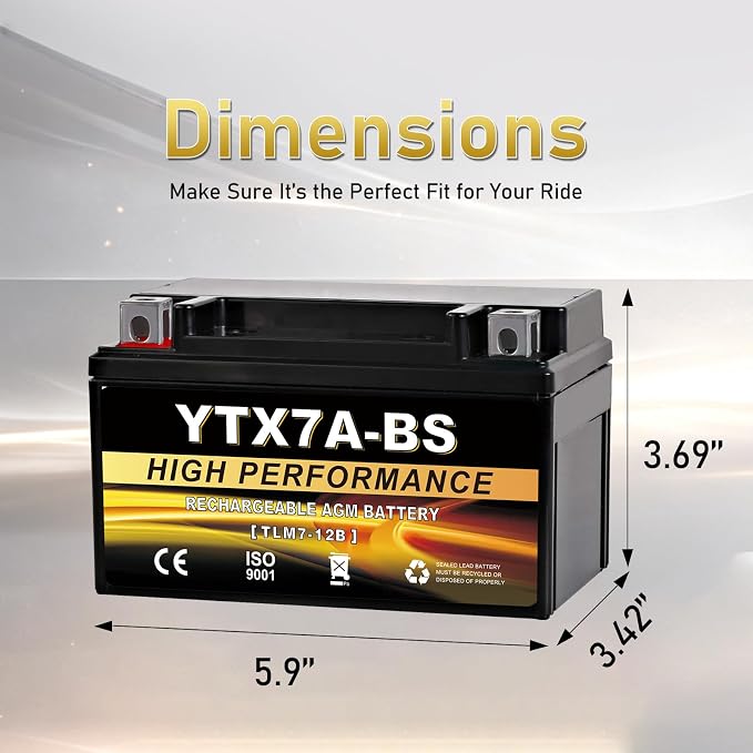 YTX7A-BS 12V 6Ah AGM Sealed Motorcycle Battery, Maintenance-Free, Compatible with GY6 50CC 125CC Scooters & Mopeds