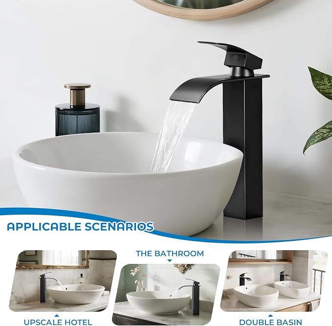 Black Bathroom Faucets, Tall Waterfall Bathroom Sink Faucet Modern Single Handle Bathroom Faucte 1 Hole, Tall Spout Vessel Faucet Mixer Tap Washbasin Faucet with Pop-up Drain, Supply Hoses
