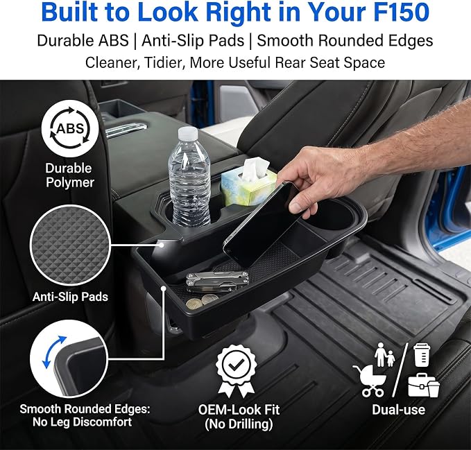 Rear Console Cup Holder Fits for 2015-2020 Ford F150 Bucket Seats Behind Armrest Tray Console Organizer Rear Cup Insert Compatible with F150 Interior Accessories Back Center Console Storage
