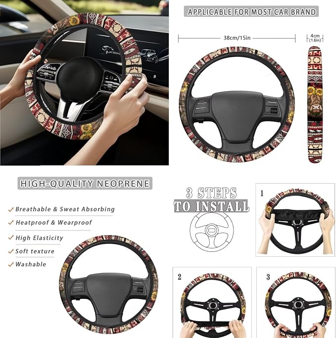 Aztec Car Seat Covers Set of 15 with Universal Steering Wheel Cover, Rearview Mirror Cover, Car Trash Can, Seatbelt Pads, Cup Holder Coasters, Keychains