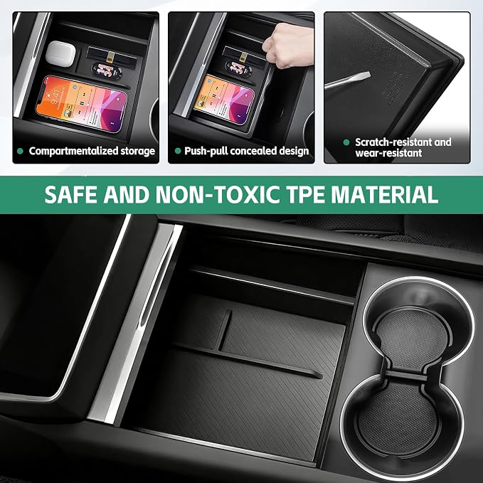 Center Console Organizer Tray for Tesla Model Y Juniper Accessories, Armrest Hidden Storage Box Cup Holder Armrest Cover for Tesla Model Y Juniper 2025 2026 5PCS