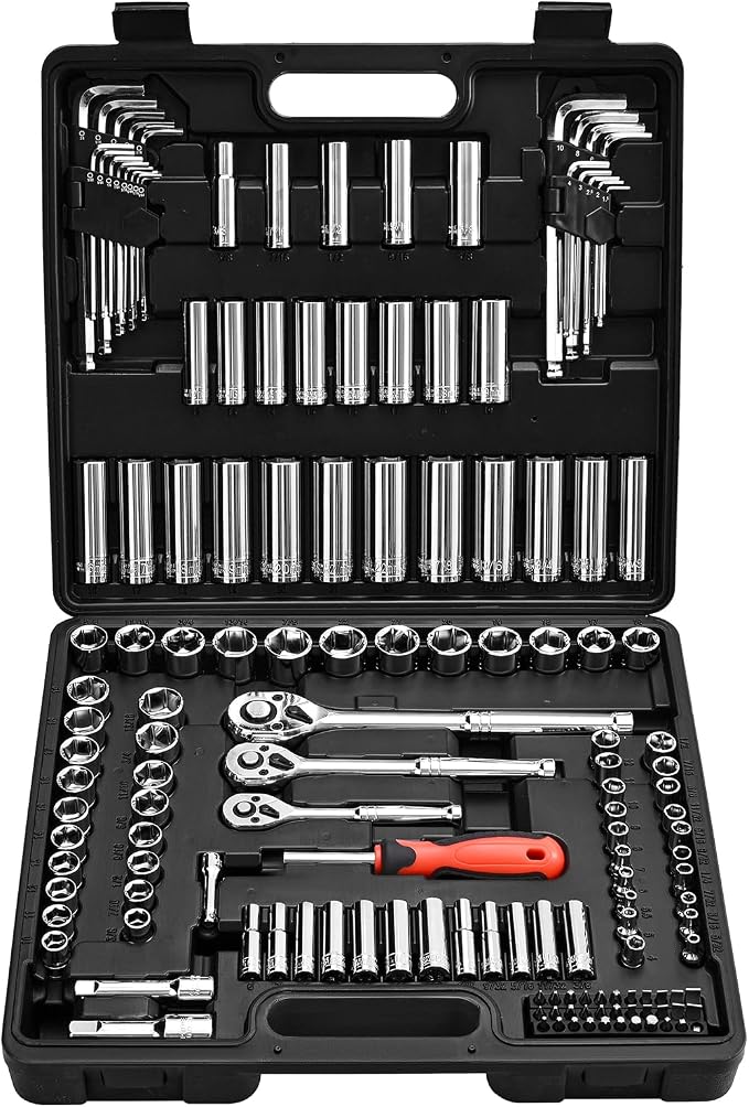 VEVOR Socket Set, 149 Pieces, 3/8 & 1/4 & 1/2 inch Drive Socket and Ratchet Set, SAE and Metric, Deep and Shallow, Mechanic Tool Kit with Bits, Accessories, Storage Case, CR-V Alloy Steel, for Repair