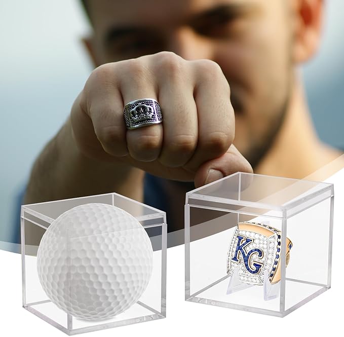 2 Pack Clear Acrylic Championship Ring Display Case, Memorabilia Stand Cube Holder Dust Protection Transparent Storage Box for Sports Baseball Basketball Fan Souvenir Protection Supplies