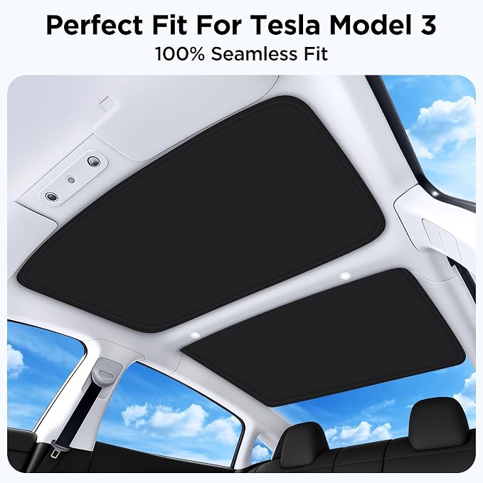 2026 Upgraded for Tesla Model 3 Accessories Sunshade Roof [No Sag, Ice-Crystal Cooling Coatings] Heat Insulation Glass Roof Sun Shade for Tesla Model 3 Accessories 2022-2026 Black