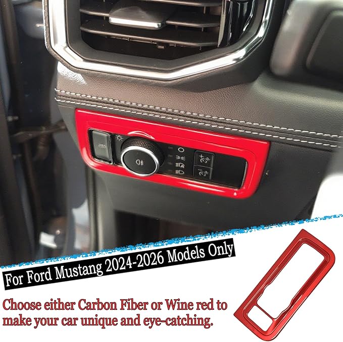 MUXEE Headlight Switch Cover，for Ford Mustang 2024 2025 2026，Car Headlight Switch Buttons Panel Cover Trim - Wine Red Sport Interior Set Accessories