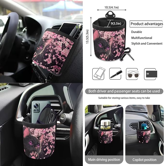 Cat Print Automotive Seat Covers Full Set of 15 Cherry Blossom Print Front Rear Seat Cover Steering Wheel Cover Safety Belt Pads Garbage Bag Car Air Vent Organizer Cup Cushions