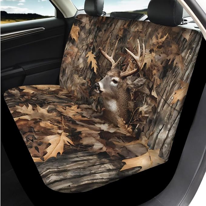 Bulopur Deer Hunting Camo Automotive Seat Covers Full Set with Matching Steering Wheel Cover Console Armrest Cushion Vehicle Seat Belt Pads Headrest Covers Car Interior Decor Set 14 Piece