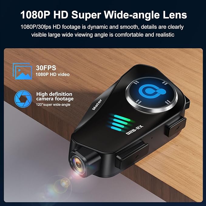 Motorcycle Helmet Bluetooth Headset, Wireless Camera Recorder with 1080P, 120°Wide Angle，HD Video/Photo, Body 360°Adjustment, Bluetooth 5.3, Smart Noise Reduction, IP66, 32GB TF Card