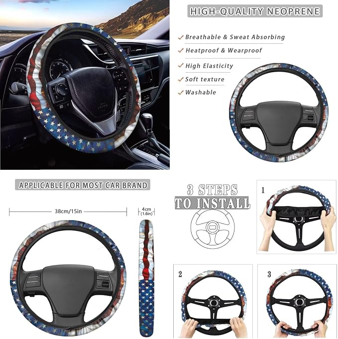 Suobstales Eagle American Flag Print Car Accessories with Car Front Rear Split Seat Covers, Seat Belt Pads + Steering Wheel Cover + Coaster + Keyrings for Women Set of 11-Pcs