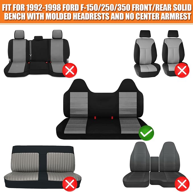 Truck Seat Cover Compatible with 1992-1998 Ford F-150 F-250 F350 Front/Rear Solid Bench with Molded Headrests and NO Center Armrest, XL/XLT/Eddie Bauer/Nite/SVT Lightning/Lariat Seat Cover