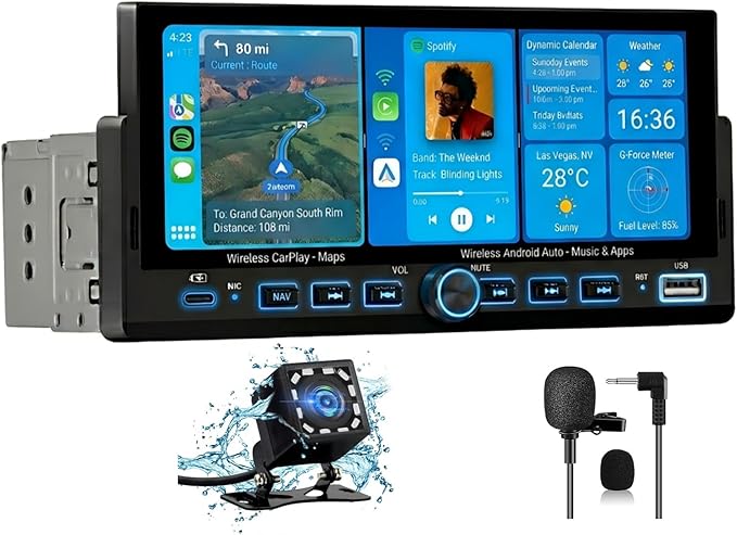 Universal Single Din Car Stereo with Wireless CarPlay & Android Auto, 6.86" IPS Touch Screen Head Unit with Backup Camera/External Microphone, Car Radio Supports Bluetooth/SWC/FM/USB