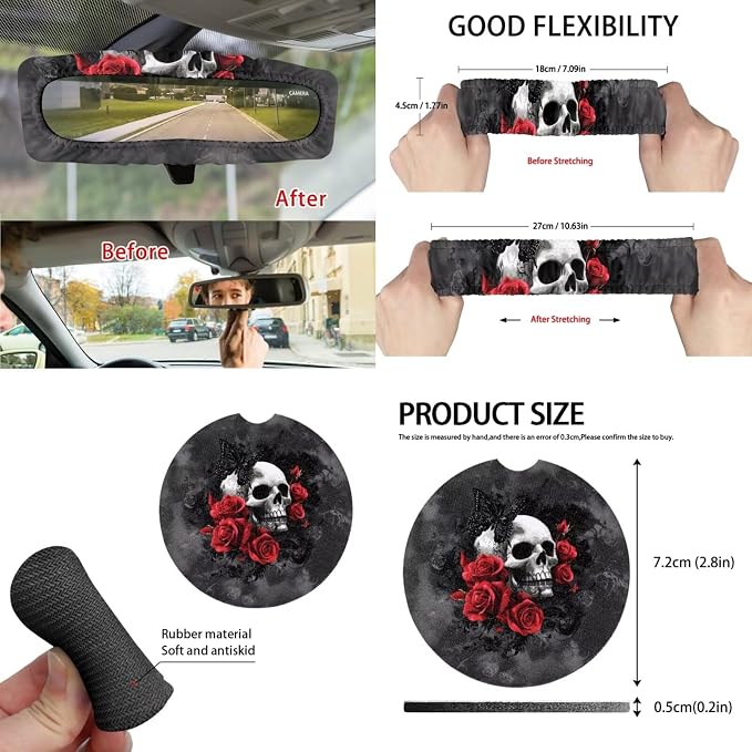 Rose Skull Car Seat Covers Full Set for Women Cute Car Accessories Interior Car Steering Wheel Cover Seatbelt Covers Trash Bin Rear View Mirror Cover Cup Holders Keychain