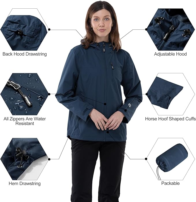 Outdoor Ventures Packable Rain Jacket Women Lightweight Waterproof Raincoat with Hood Cycling Bike Jacket