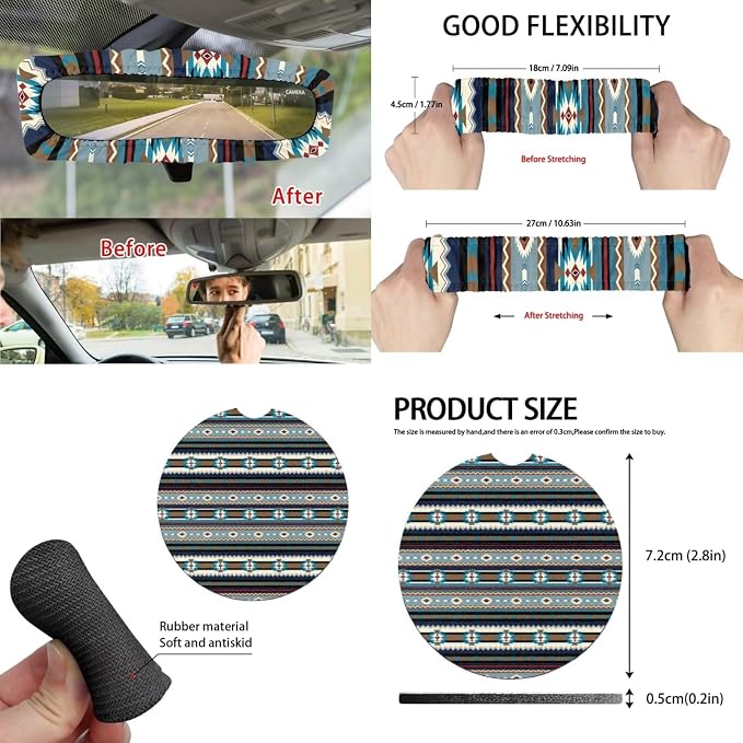 Aztec Stripes Car Accessories Car Seats Cover Protector, Steering Wheel Cover, Seatbelt Cover, Vehicle Trash Can, Cup Coasters, Rearview Mirror Cover, Keychains, Pack of 15