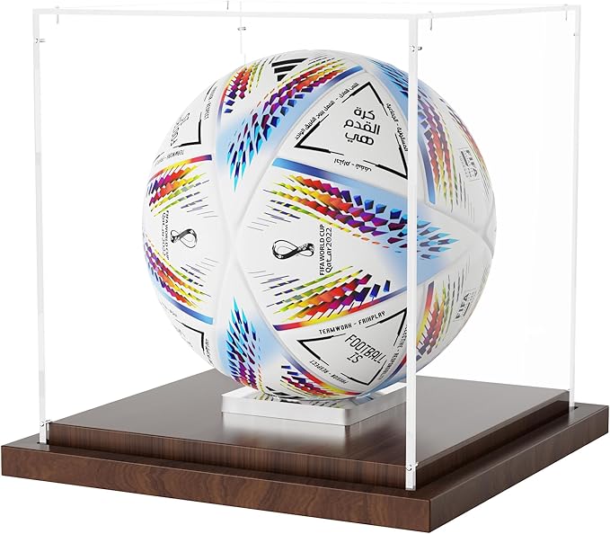 VGMiu Soccer Ball Display Case with Wood Base, Clear Acrylic Display Case Soccer Box with Removable Built-in Ball Holder for Autographed Balls, Sports Collectibles, Memorabilia Displays