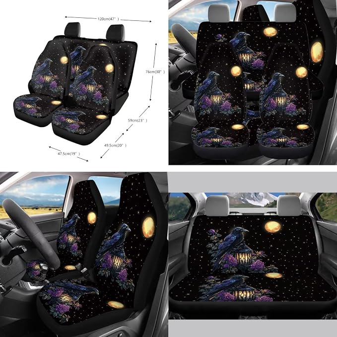 Crow Moon Rose Lantern Print 10 Pcs Car Accessories, Auto Front and Rear Seat Covers Full Set Steering Wheel Cover Air Vent Pounch Box Car Rubbish Bin Cup Coasters Keychain for Women Men
