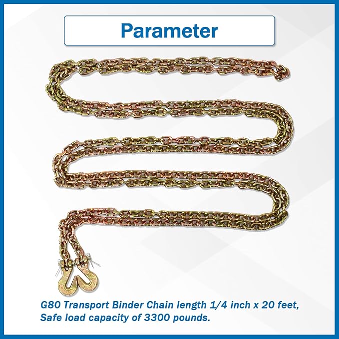 1/4 Inch x 20 Feet Transport Binder Chain G80 Safey Tow Chain with Grab Hooks 3300 Lbs Safe Work Load for Transporting Towing Tie Down Binding Equipment