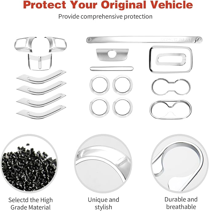 CheroCar 18PCS Interior Trim Kit for Jeep Wrangler JK JKU 2011-2018 4 Door,Steering Button Frame, Air Conditioning Vent Trim Cup Holder Cover,Gear Shift Knobs Frame,Chrome