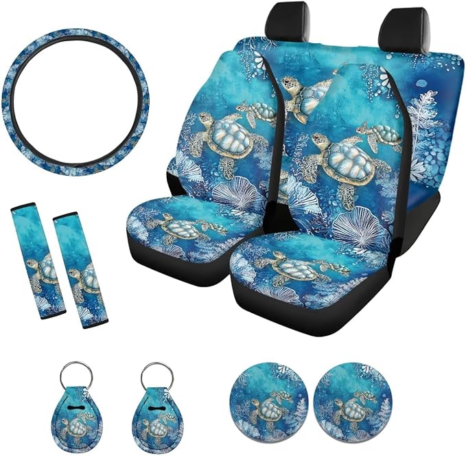 Suobstales Turtle Water Plants Print Car Accessories Car Seat Covers Full Set Interior Cover Seat Protectors with Steering Wheel Cover, Seat Belt Pads, Coaster, Keychains