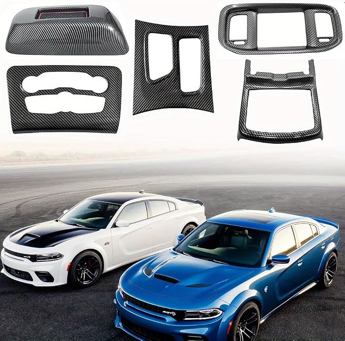 5-Piece Interior Trim Set, Carbon Fiber Shift Boot & Center Console Panels, for 2016-2021 Dodge Charger - Car Interior Accessories Kit - Enhance Car Interior Style (Carbon Fiber Black)