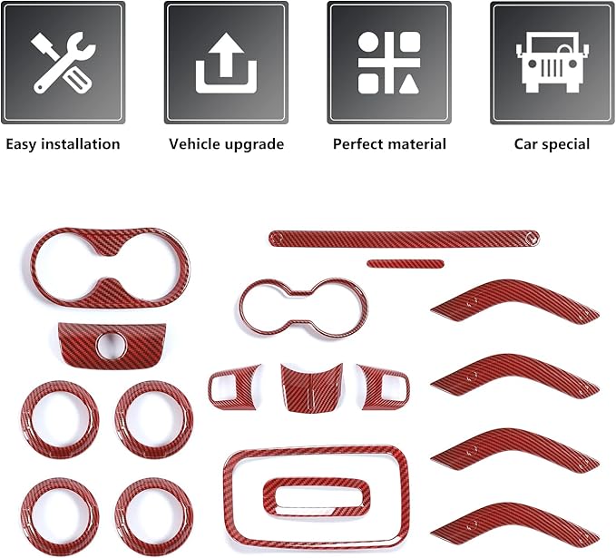 RAZPOY JK 18PCS Interior Trim Kit, Steering Wheel Trim & Gear Shift Cover Air Conditioning Vent Trim Compatible with 2011-2017 Jeep Wrangler JK 4-Door, Red Carbon Fiber