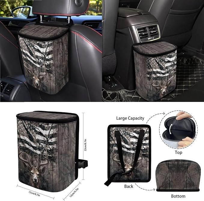 Deer Wood American Flag Pattern 15 PCS Car Interior Accessories, Car Seat Covers + Steering Wheel Cover + Seat Belt Pad + Trash Can + Keychain + Air Vent Storage Bag + Coasters
